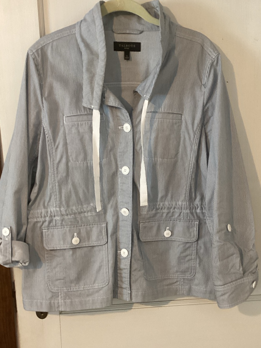 Talbots Light Blue Pinstripe Utility Jacket with White Accents